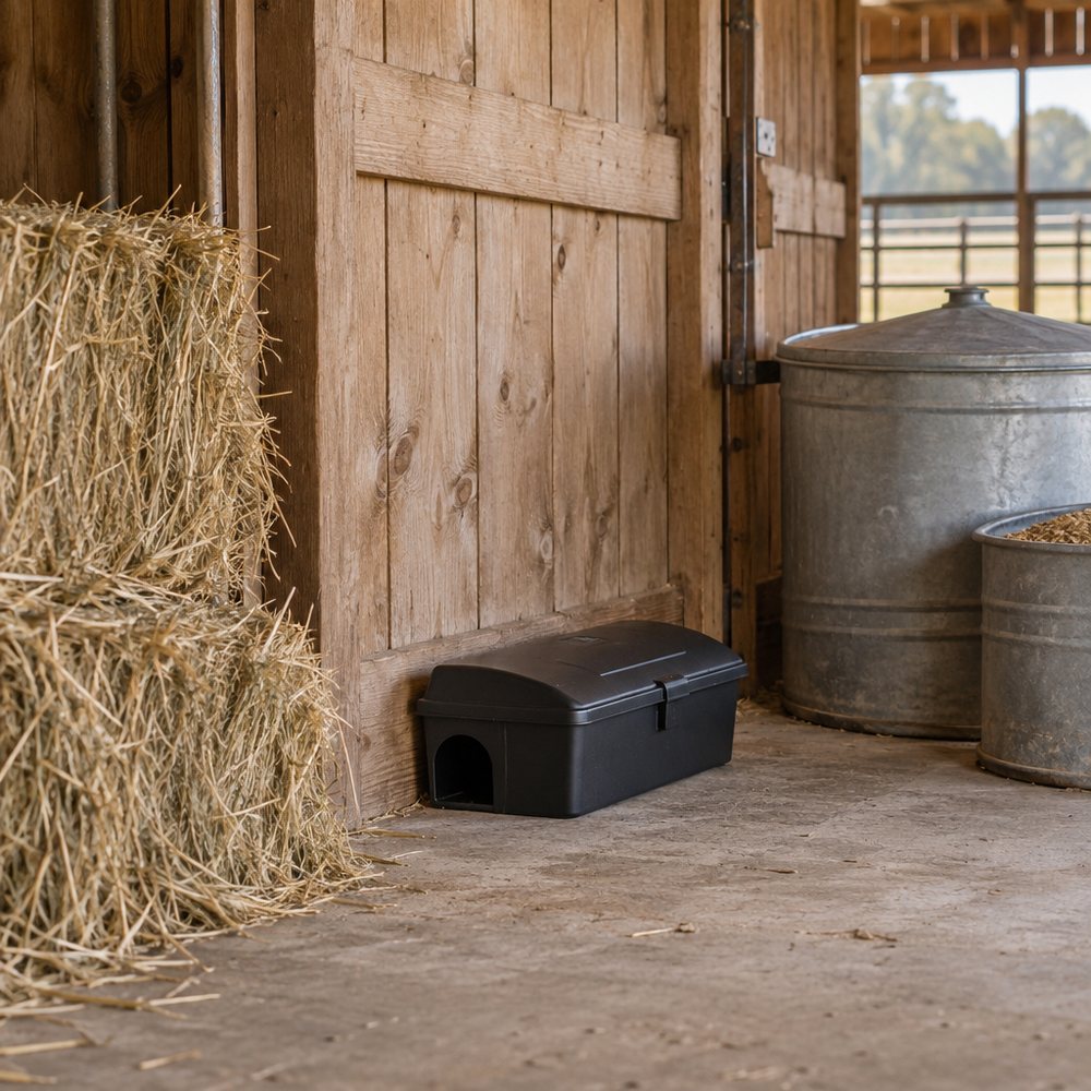 Rodent bait station inside a barn