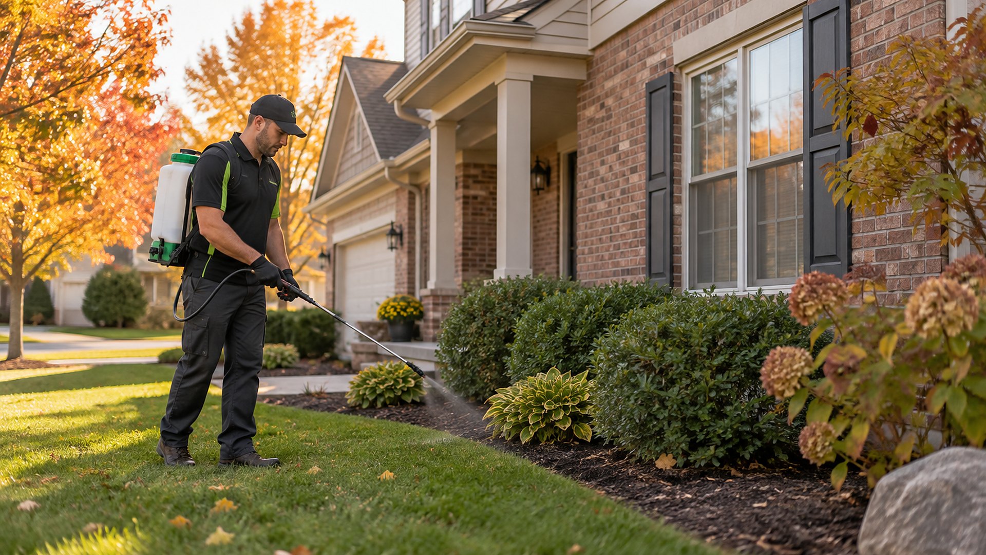 DeadOne Pest Control technician spraying a perimeter treatment around a Fort Wayne home