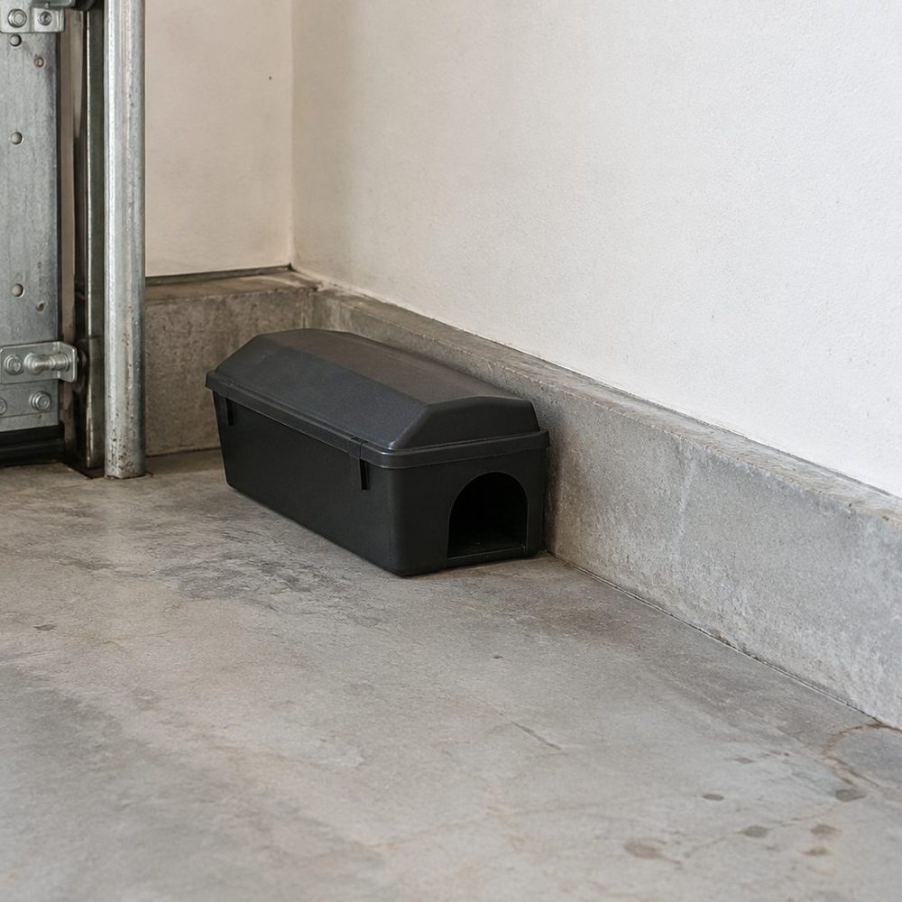 Rodent bait station in a garage