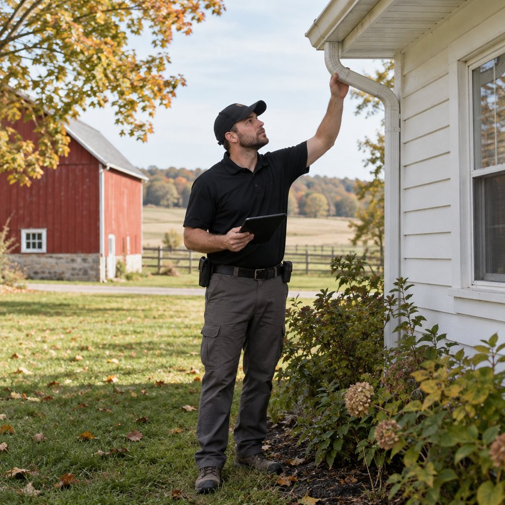 Technician inspecting a farmhouse